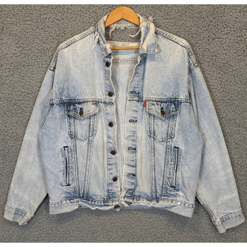 Levis Denim Trucker Jacket Mens L Light Wash Cotton Thrashed 70507 USA 90s